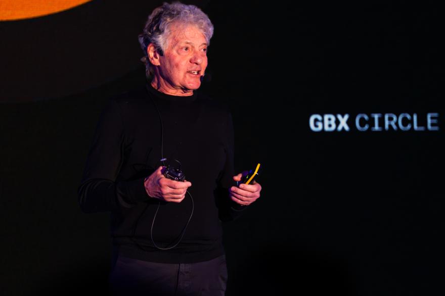 GBX Circle MEVO 2026 in London – &ldquo;Cell Science to Market&rdquo; session AC05 with Gabor Forgacs from Fork and Good at the GBX Circle backdrop, photographed by P. Basanez for the Circle. MEVO, connecting today&rsquo;s decisions with a deep heritage in bioprinting and cell science.