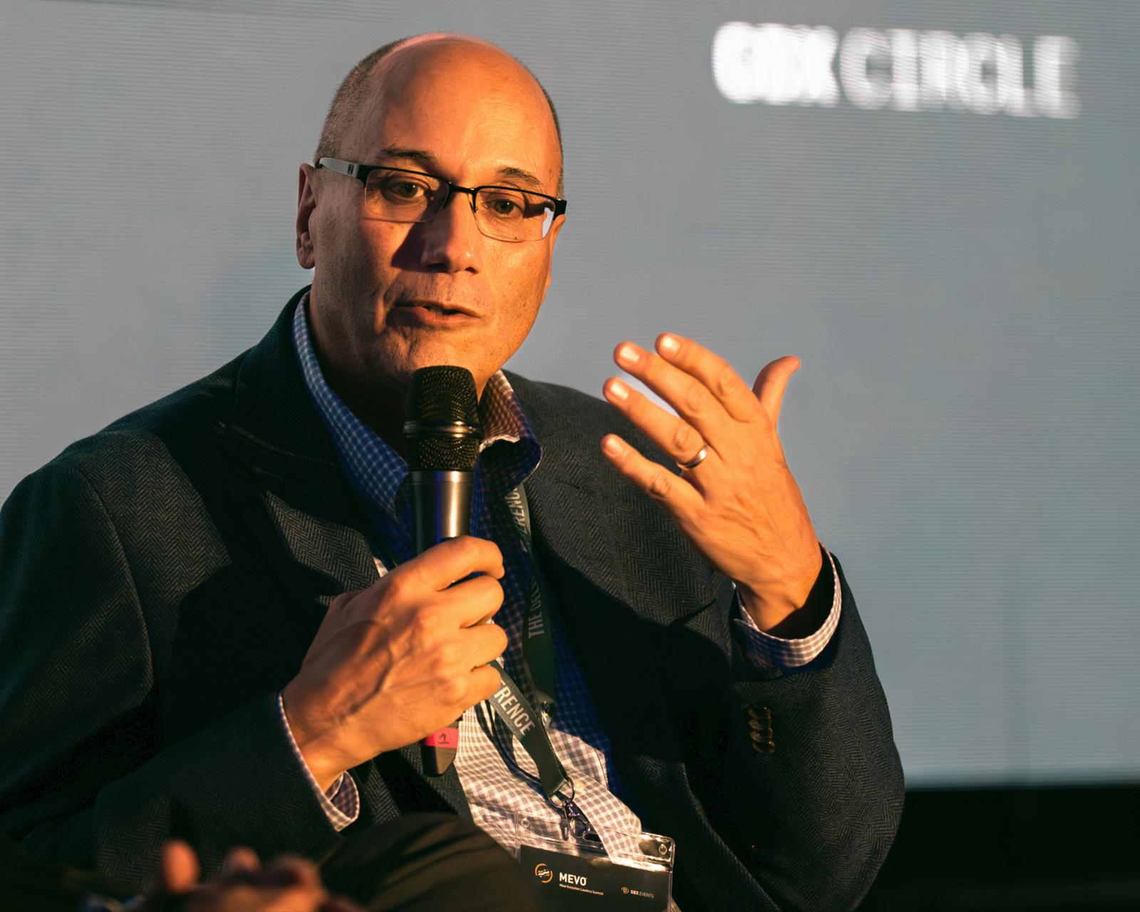 Paul Shapiro of The Better Meat Co. on the forum floor at MEVO, the Circle.